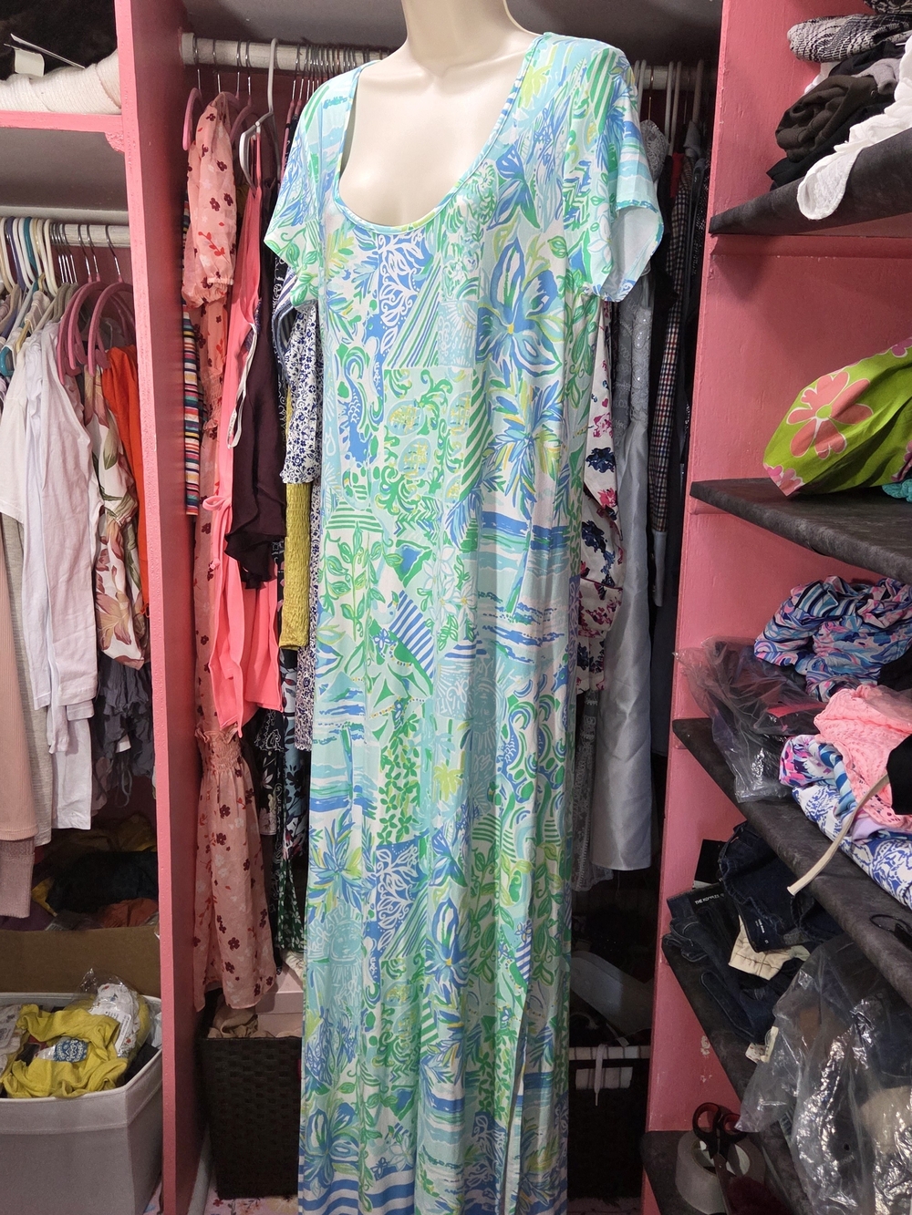 Lilly Pulitzer Green and Blue Floral Print Maxi Dress